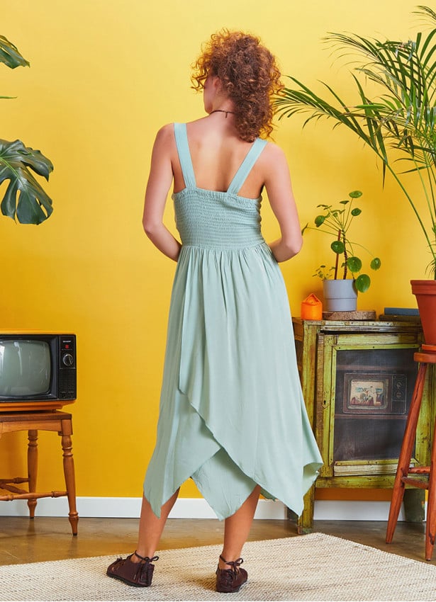Double Breasted Collar Layered Boho Light Green Dress