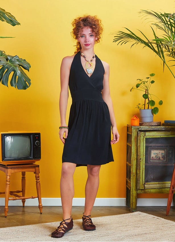 Tie Neck Gathered Waist Bohemian Skater Black Dress