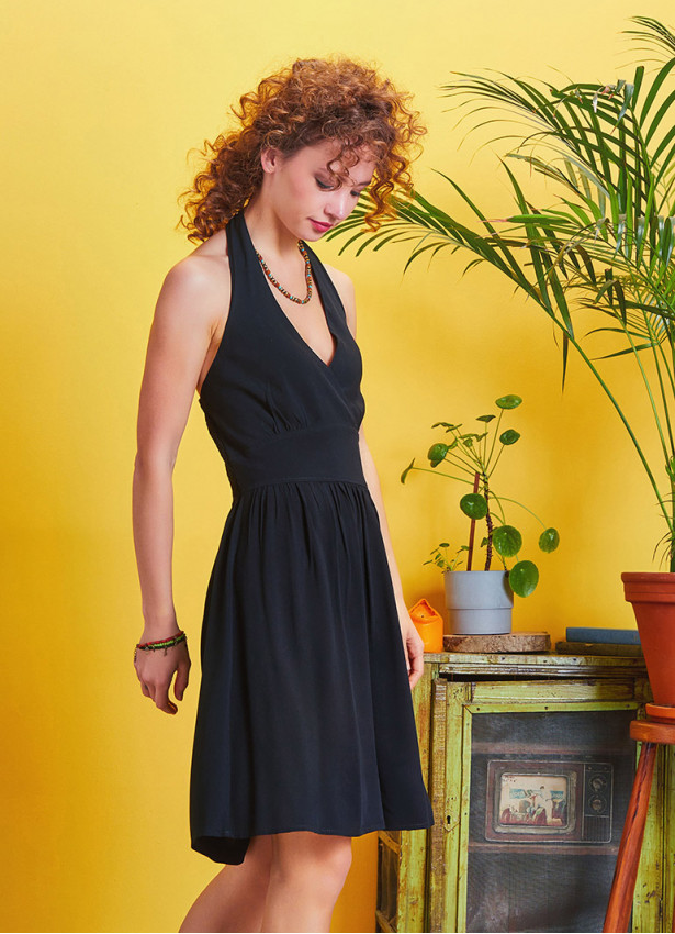 Tie Neck Gathered Waist Bohemian Skater Black Dress