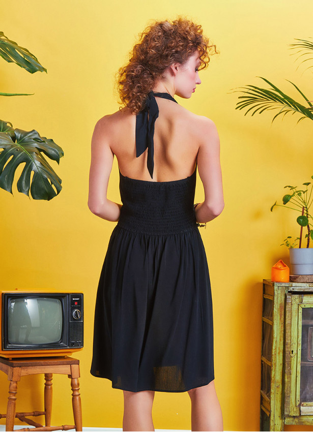 Tie Neck Gathered Waist Bohemian Skater Black Dress