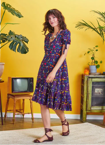 Tie Cuff Boho Chic Purple Floral Ruffled Dress