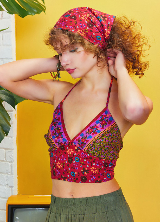 Gathered Tie Back Bust Cup Halter Authentic Print Crop Top