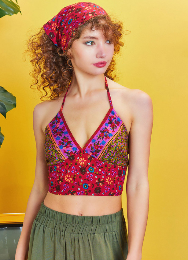 Gathered Tie Back Bust Cup Halter Authentic Print Crop Top