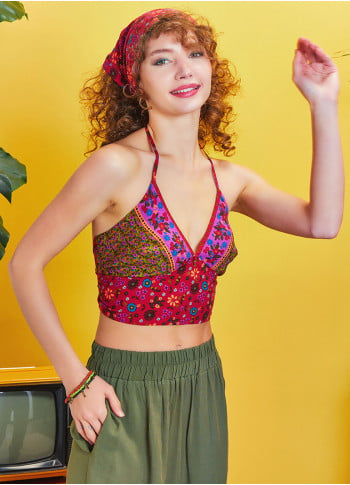 Gathered Tie Back Bust Cup Halter Authentic Print Crop Top