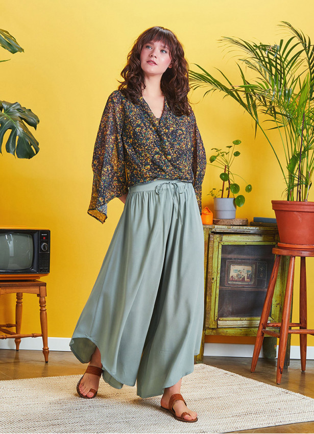Wrap Front Chiffon Yellow Floral Bell Sleeve Top