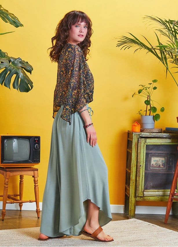 Wrap Front Chiffon Yellow Floral Bell Sleeve Top