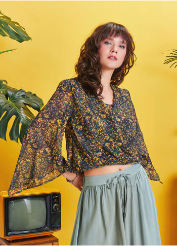 Wrap Front Chiffon Yellow Floral Bell Sleeve Top