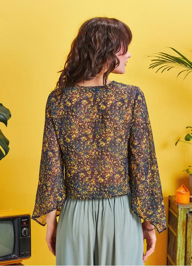 Wrap Front Chiffon Yellow Floral Bell Sleeve Top
