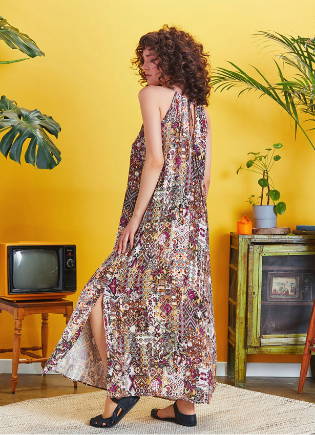 Back Cut Out Halter Necline Maxi Slit Print Dress