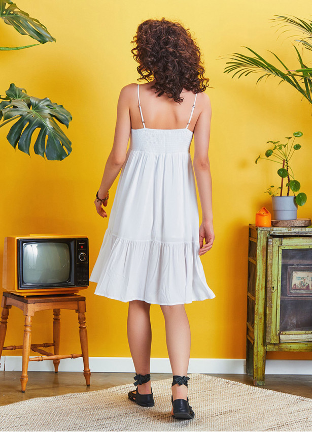 Strappy Square Neck Boho Style Tiered White Dress