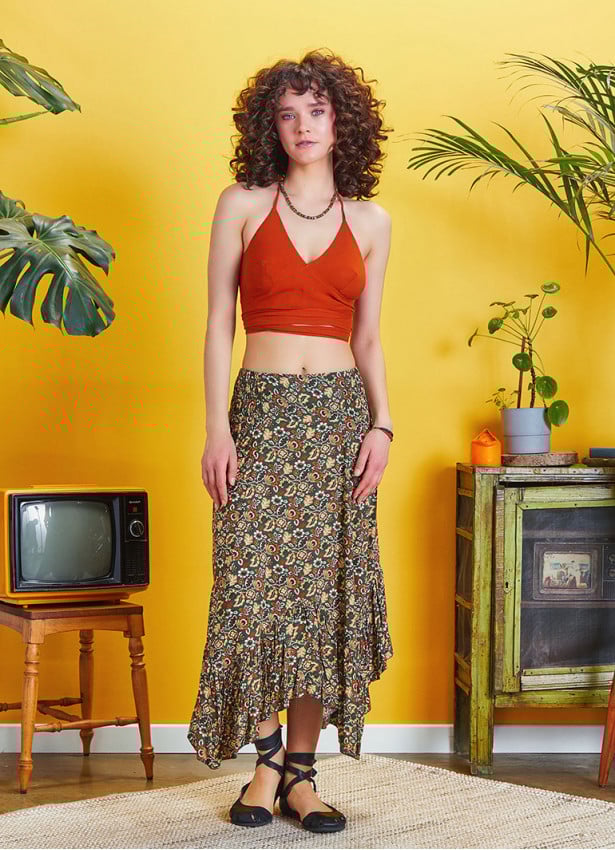 Shirred Waist Gypsy Style Ruffled Flowers Midi Skirt