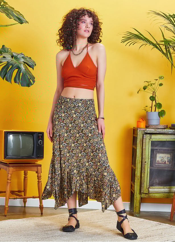Shirred Waist Gypsy Style Ruffled Flowers Midi Skirt