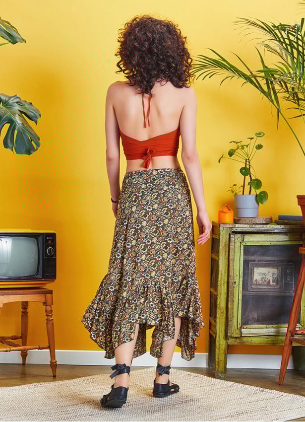Shirred Waist Gypsy Style Ruffled Flowers Midi Skirt