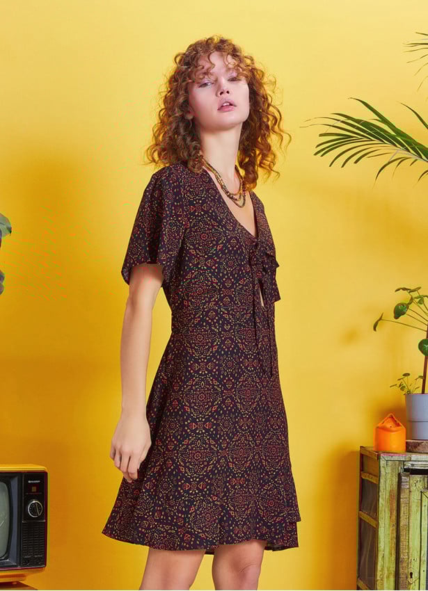 Frill Hem Brown Print Tie Front Cut Out Mini Dress