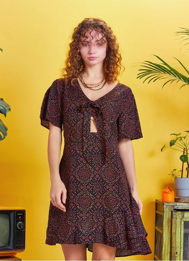 Frill Hem Brown Print Tie Front Cut Out Mini Dress
