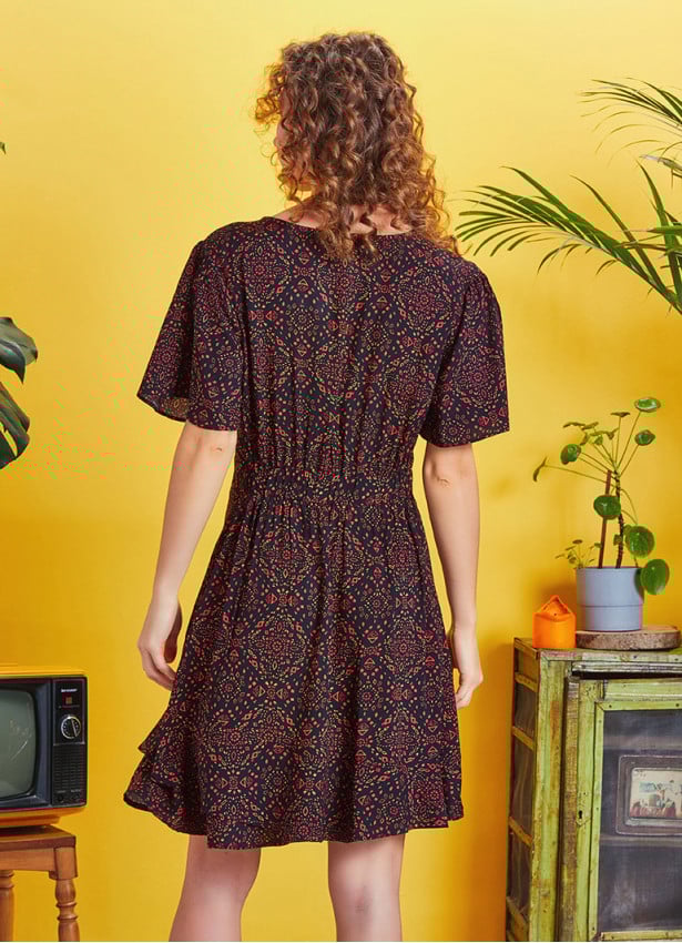 Frill Hem Brown Print Tie Front Cut Out Mini Dress