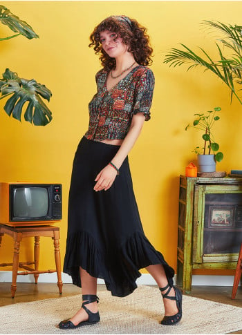 Shirred Waist Gypsy Style Ruffled Black Midi Skirt