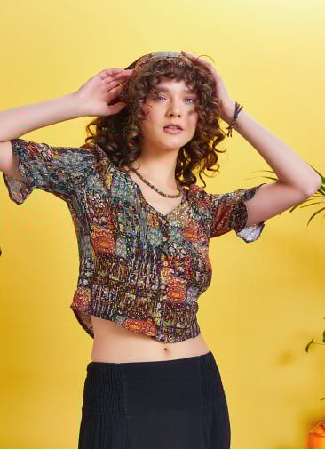 Frilled Half Sleeve Criss Cross Back Detail Khaki Patterned Boho Top