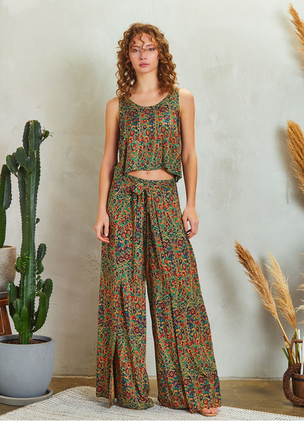 Ethnic Print Wrap Front Sleeveless Overall