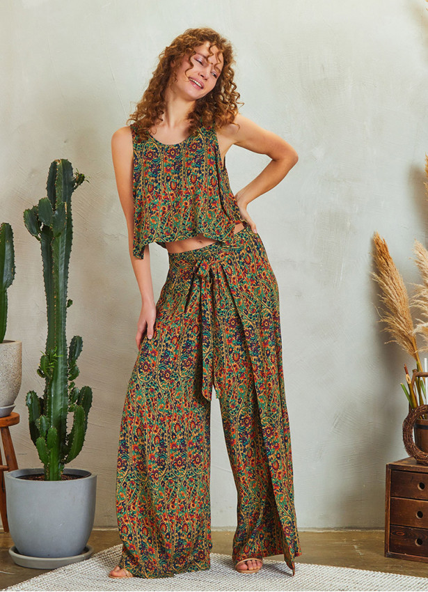 Ethnic Print Wrap Front Sleeveless Overall