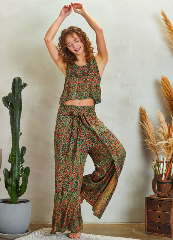Ethnic Print Wrap Front Sleeveless Overall