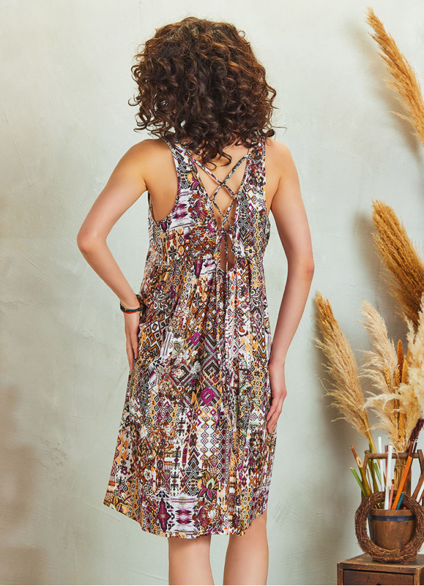 Sleeveless Purple Print Criss Cross Back Midi Dress
