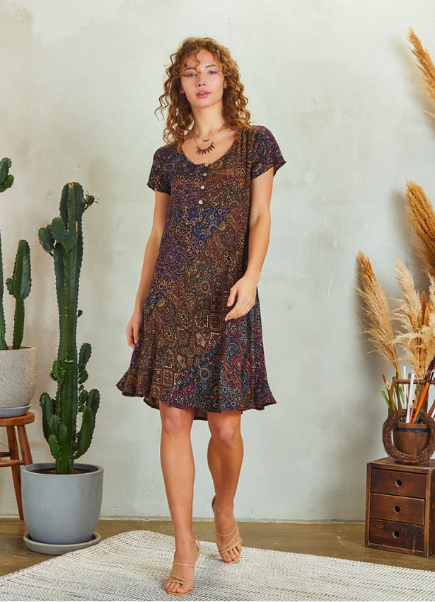 Scoop Neck Purple Print Patchwork Boho Short Dress