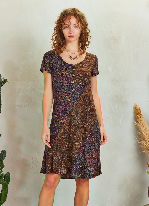 Scoop Neck Purple Print Patchwork Boho Short Dress