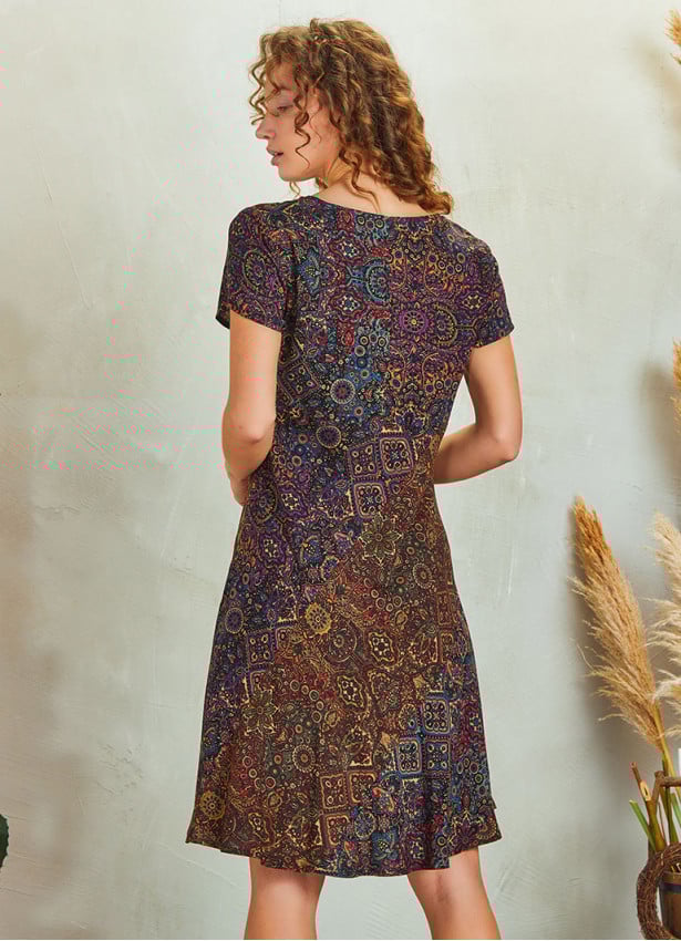 Scoop Neck Purple Print Patchwork Boho Short Dress