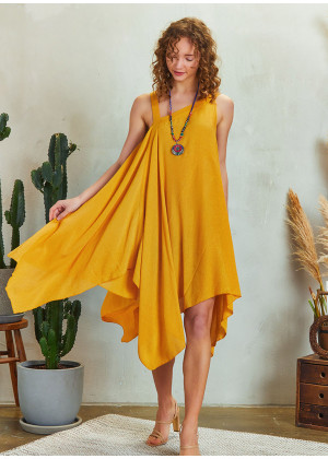 Loose Fit Midi Asymmetrical Yellow Dress