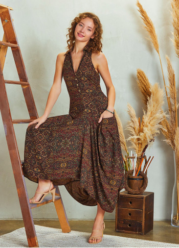Brown Pattern Shirt Collar Bohemian Dress