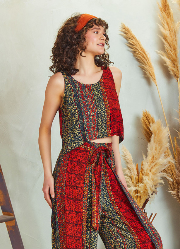 Patch Print Wrap Front Sleeveless Overall