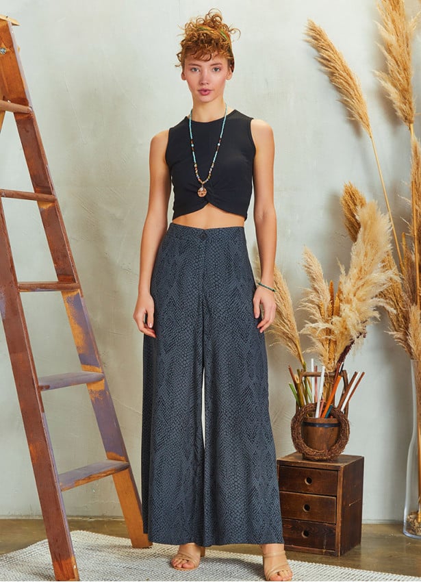 Palazzo High Waist Wide Cut Gray Patterned Trousers
