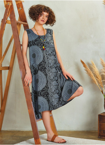 Gray Print Binding Detail Sleeveless Black Dress