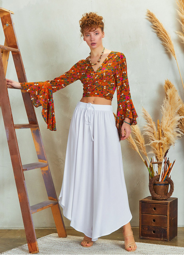 Boho Style Draw String White Wide Leg Loose Pants