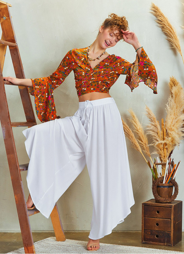 Boho Style Draw String White Wide Leg Loose Pants