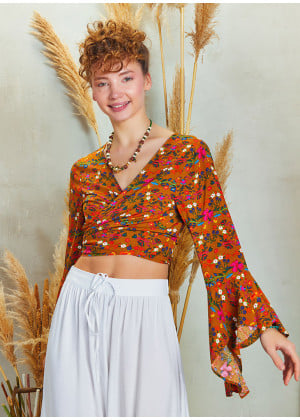 Yellow Flower Gypsy Style Bell Sleeve Crop Top