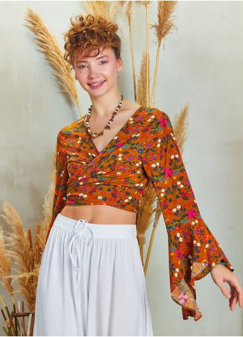 Yellow Flower Gypsy Style Bell Sleeve Crop Top