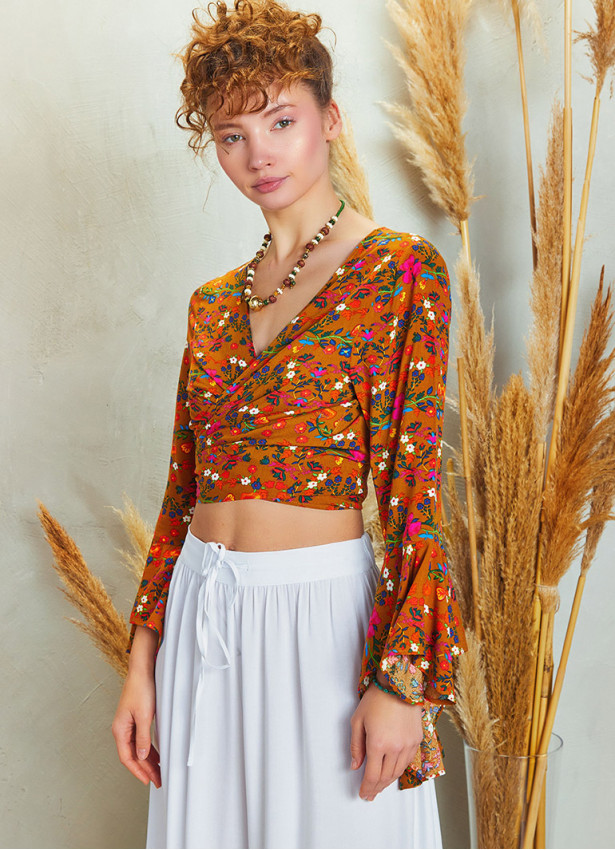 Yellow Flower Gypsy Style Bell Sleeve Crop Top