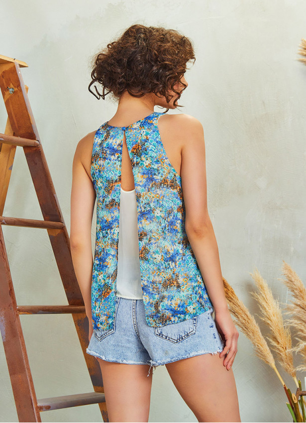 Layered Open Back Detail Printed Halter Neck Boho Top