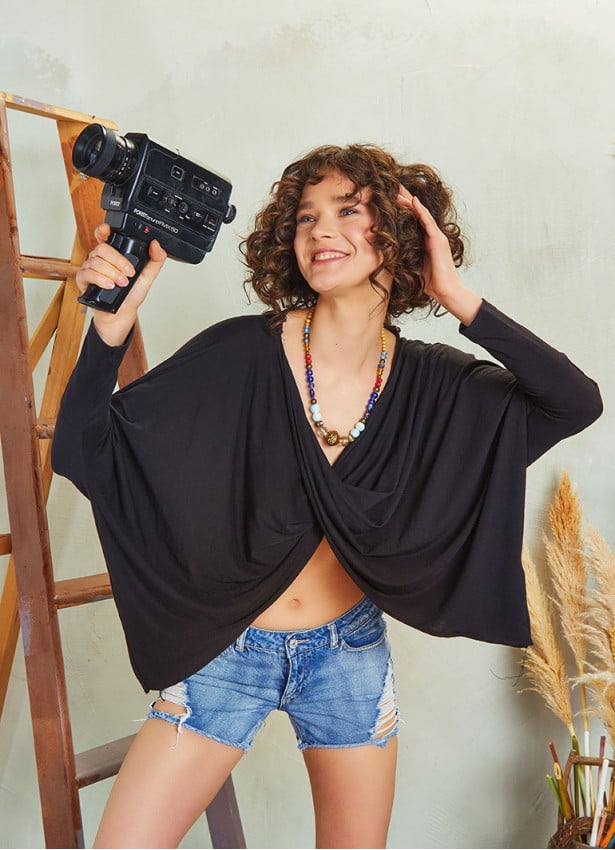 Batwing Sleeve Cowl Neck Black Twist Front Top