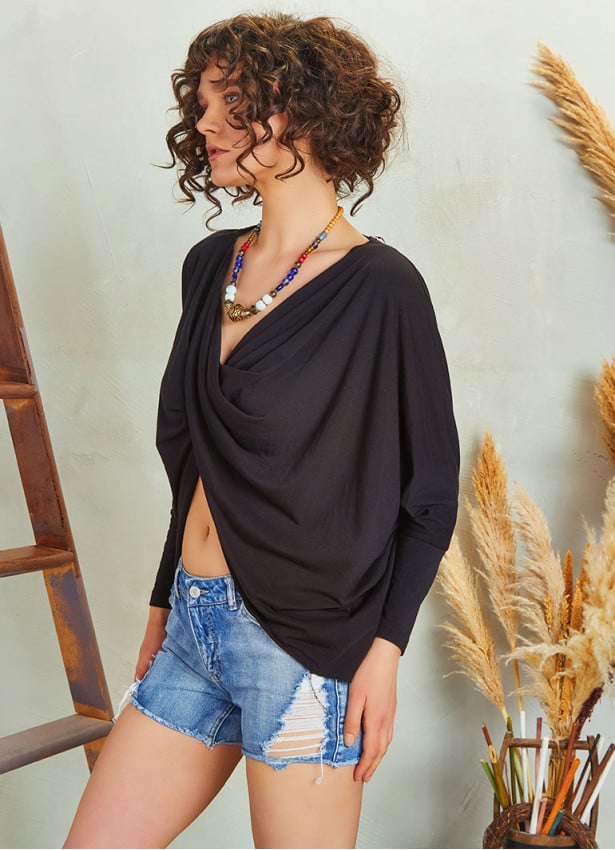 Batwing Sleeve Cowl Neck Black Twist Front Top