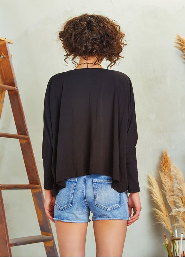 Batwing Sleeve Cowl Neck Black Twist Front Top