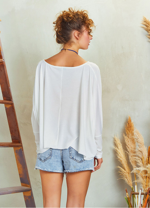 Batwing Sleeve Cowl Neck White Twist Front Top