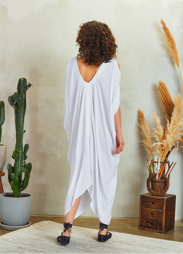 Boho Style Loose Fit Deep V Neck Line Cold Shoulder White Dress