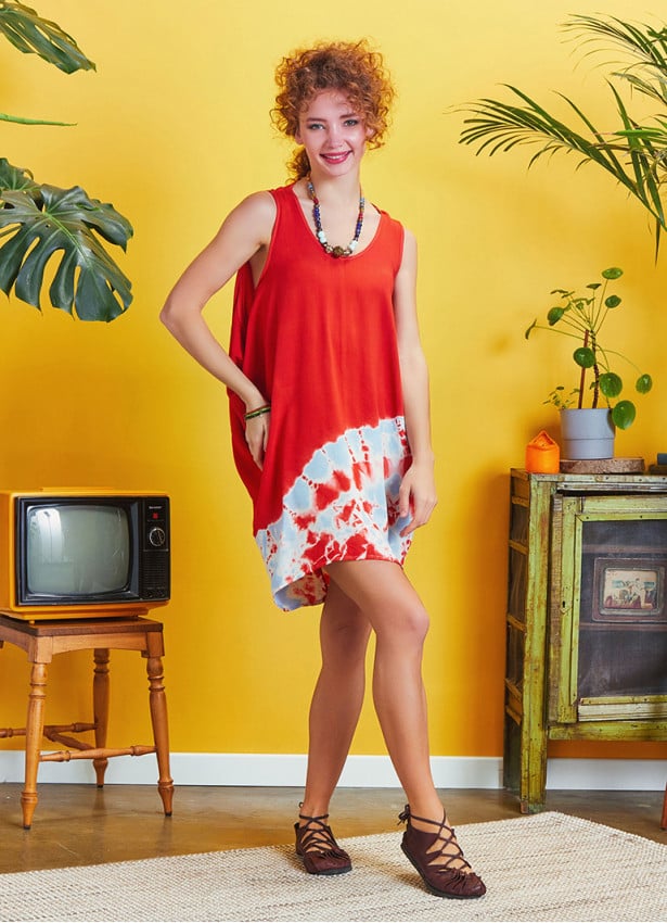 Sleeveless Loose Red Batic Tie Dye Tunic Dress