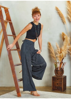 Palazzo High Waist Wide Cut Gray Patterned Trousers