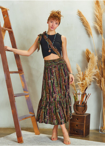 Printed Cross Sach Detailed  Midi Skirt