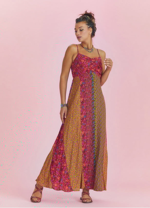 Strappy Floral Print Patchwork Maxi Dress