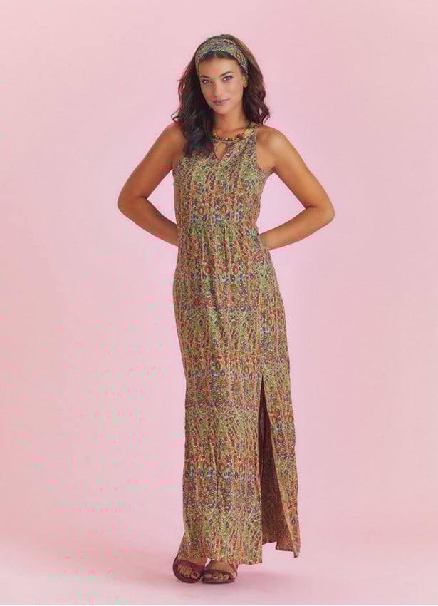 Ethnic Print Back Decollete Slit-Neck Green Dress